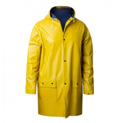 Сверхпрочный дождевик-плащ желтый, двухслойный ПВХ с капюшоном (на кнопках), 150 мк, Komfi